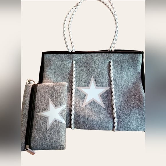 NEW DALLAS HILL Neoprene Tote Bag With Pouchette Grey With Star - Picture 4 of 11